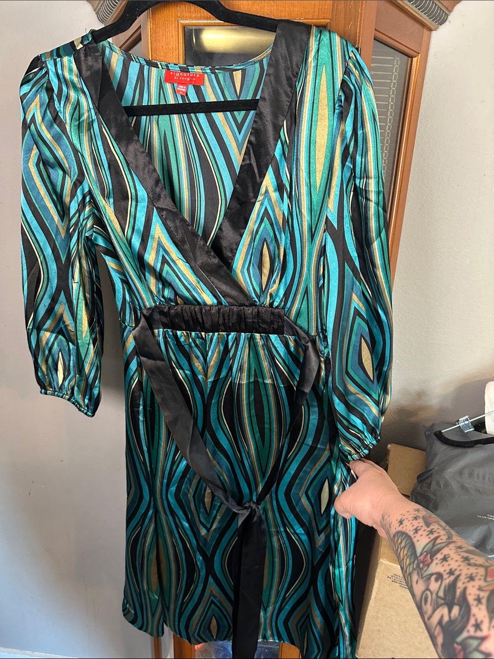 Signature by Sangria Teal, Black & Gold Geometric Wrap Dress